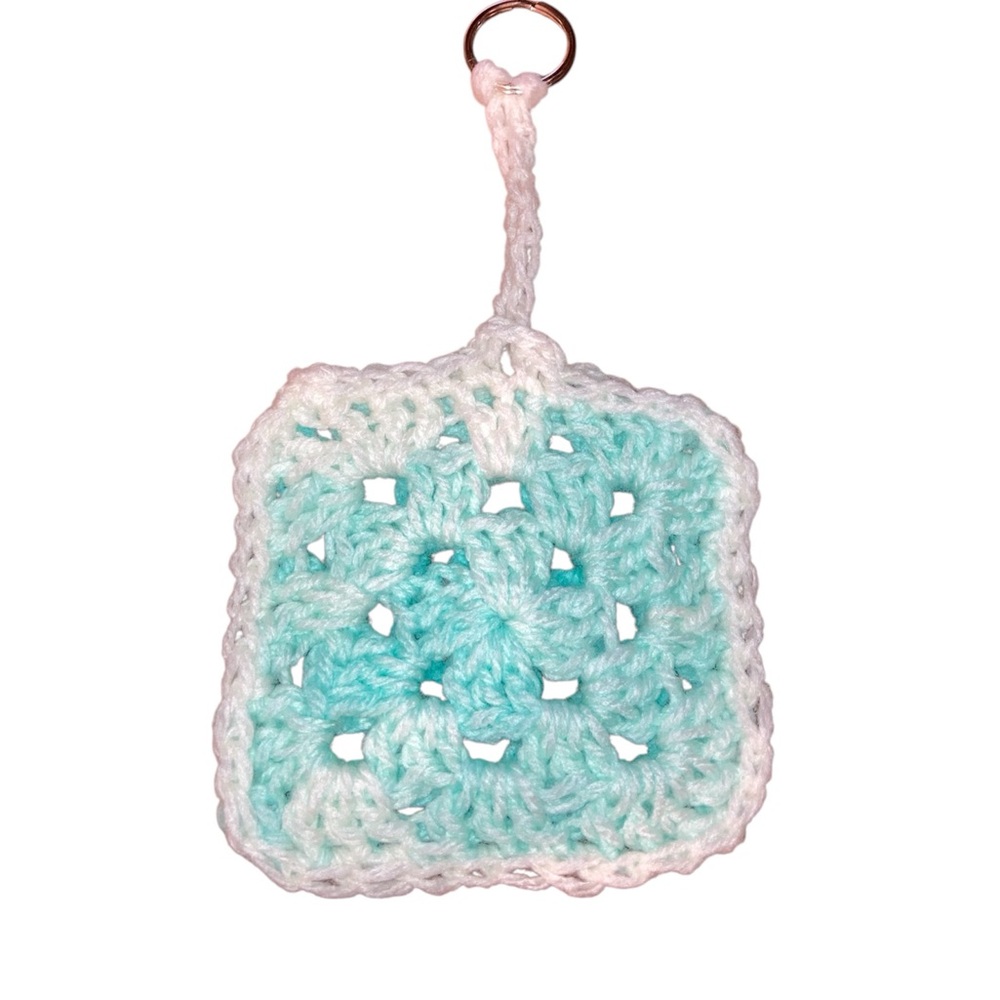 Crochet Earbud/Air-pod Case Keychain with Blue and White Pattern